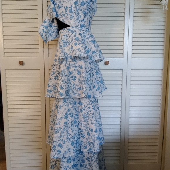 Selfie Leslie Blue Floral Peplum Ruffle Tiered Midi Dress Bow Back XS - Picture 6 of 11